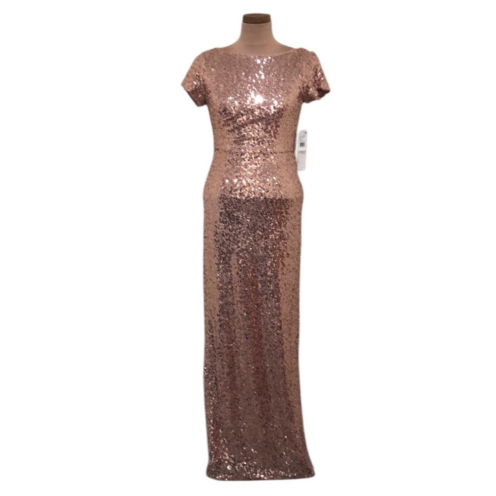 NWT Adrianna Papell Studio Formal Maxi Dress Size 2 Rose Gold Sequin Column Gown